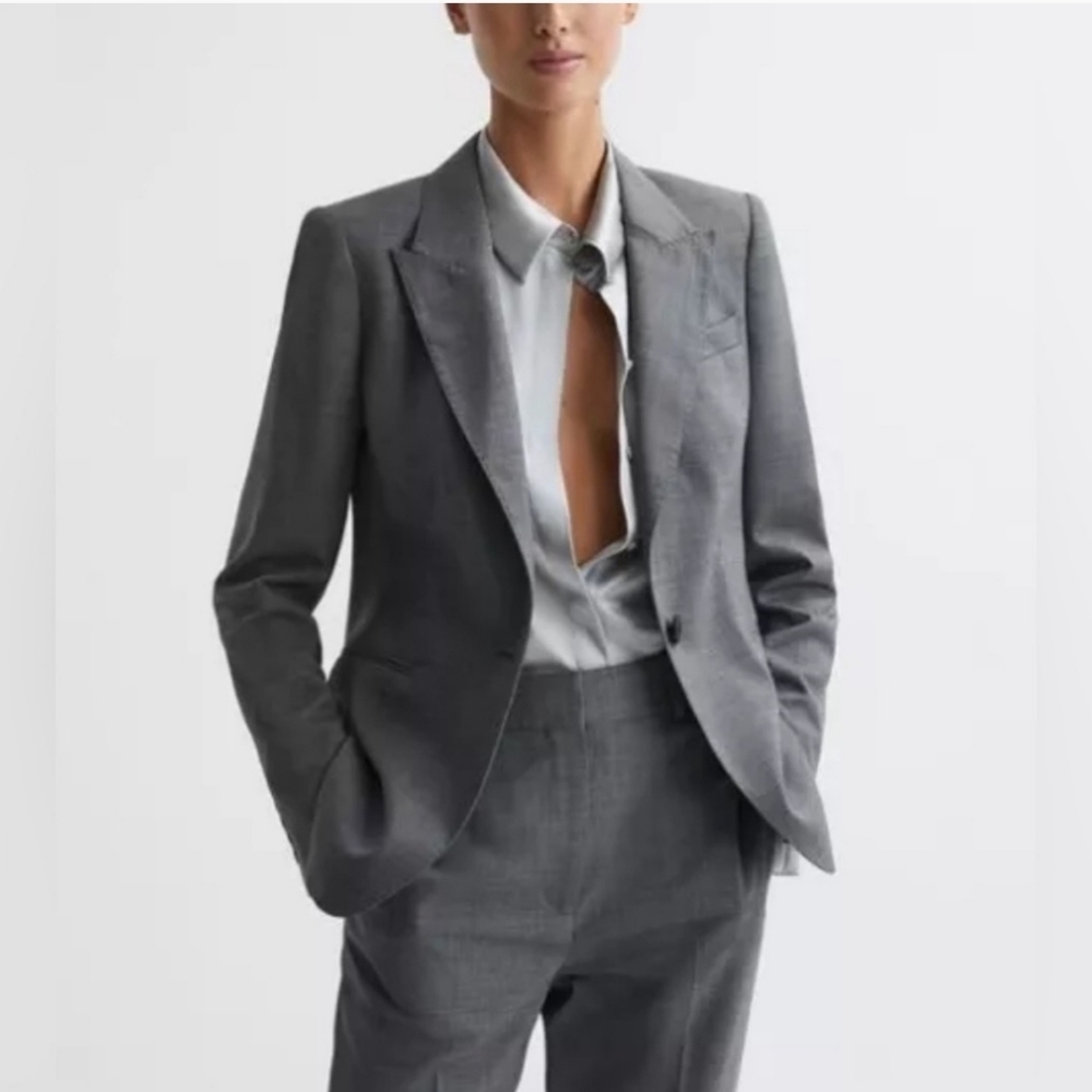 Reiss Layton Tailored Fit Wool Blend Single Breasted Grey Blazer Size 8